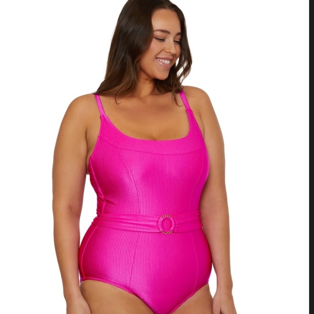 BECCA ETC Rebecca Virtue Ribbed Belted One Piece Swimsuit Pink 2X $168
